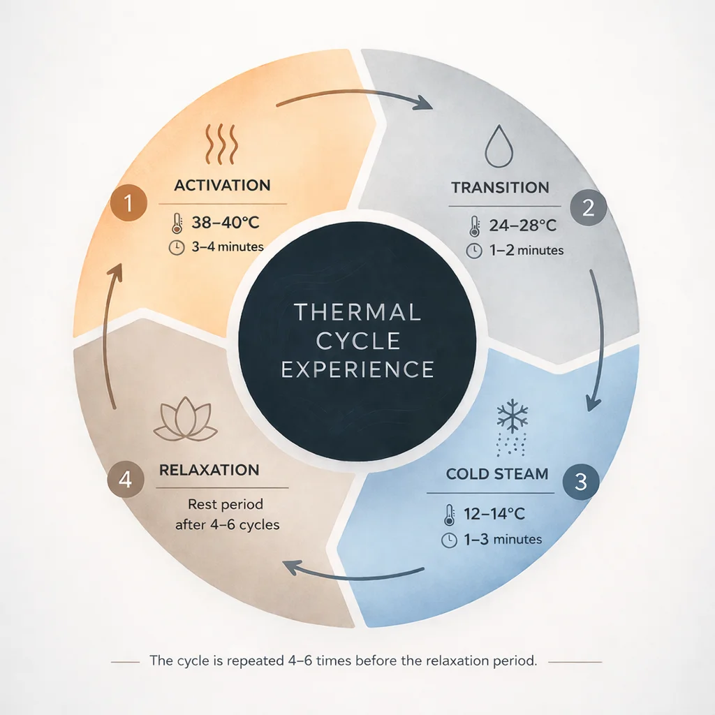 PoolDesign Thermal Cycle Experience thermal cycle diagram with the four phases: activation, transition, cold steam and recovery