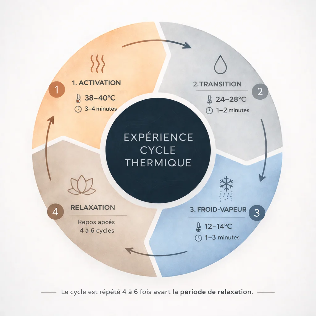 Diagramme du cycle thermique PoolDesign Thermal Cycle Experience avec les quatre phases : activation, transition, vapeur froide et récupération