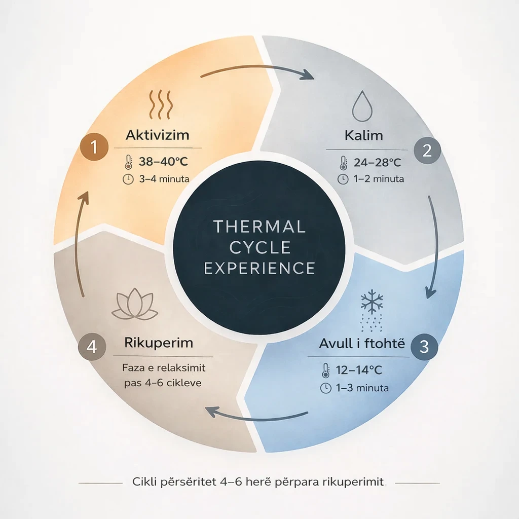 Cikli termik PoolDesign Diagrami i ciklit termik të përvojës me katër fazat: aktivizimi, tranzicioni, avulli i ftohtë dhe rikuperimi