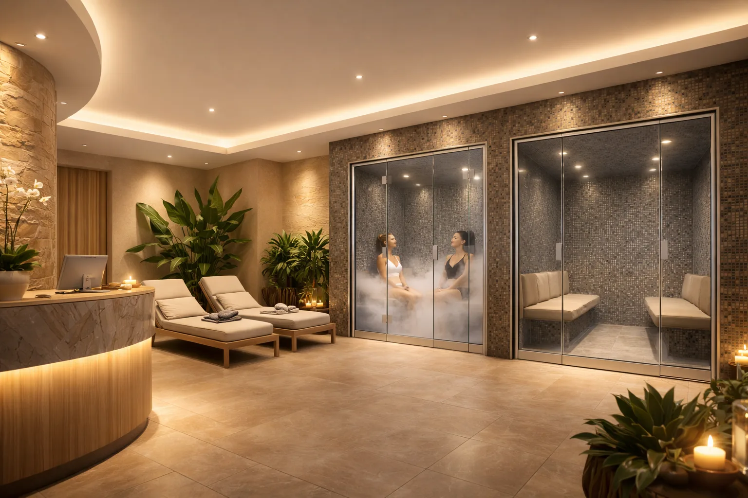 Dy dhoma me përvojë me cikël termik PoolDesign në një zonë wellness me një zonë relaksi